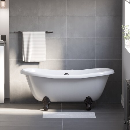 Cambridge Plumbing USA Quality 68" Clawfoot Double Slipper Tub with Deck Mount Faucet Holes & Oil Rubbed Bronze Feet USA-ADES-DH-ORB